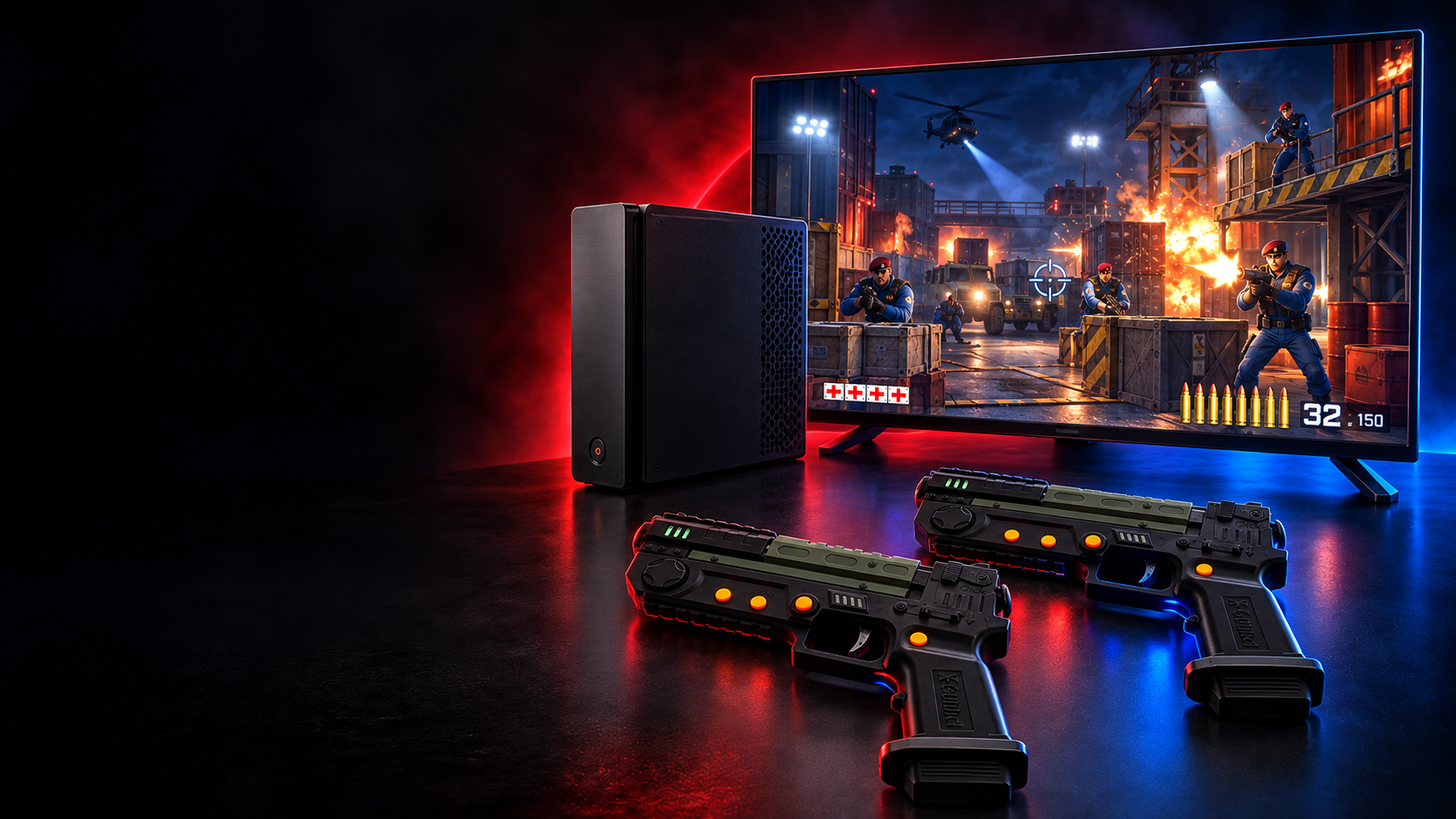 Sistema GX Duo con dos pistolas X-Gunner inalámbricas negras, mini PC y juego de disparos en pantalla