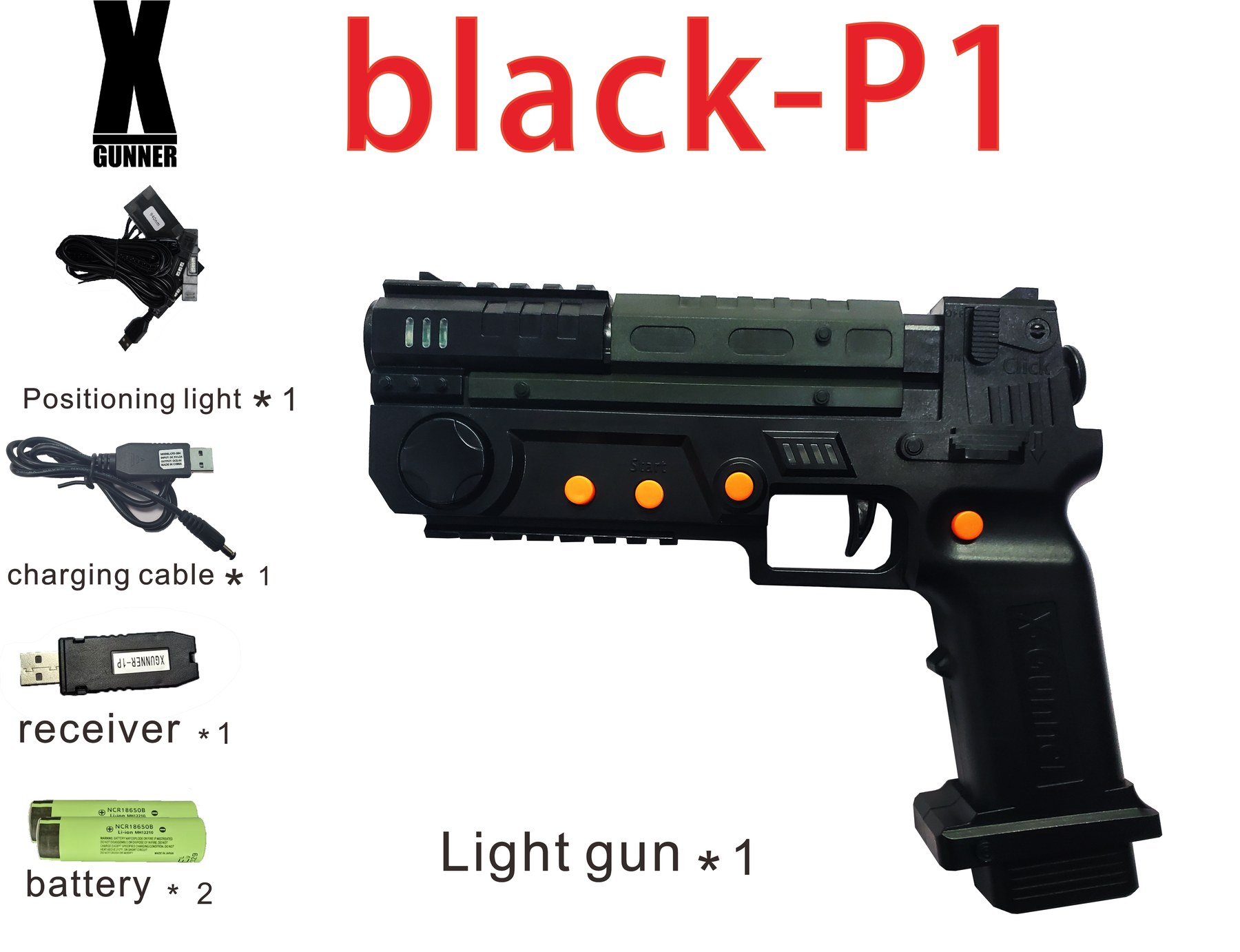 X-Gunner negra para el jugador 1 con sensores, receptor, cable y baterías