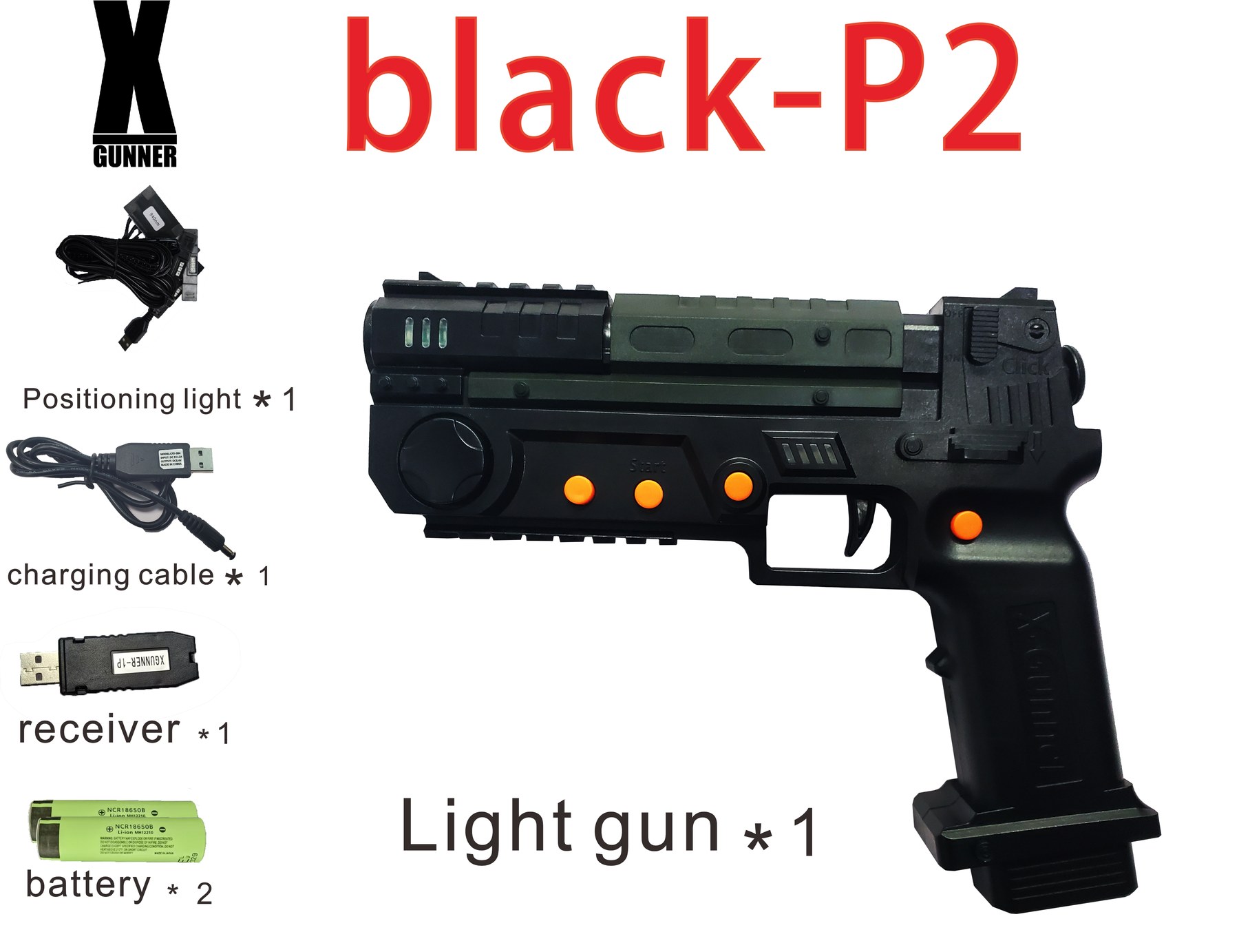 X-Gunner negra para el jugador 2 con receptor, cable y baterías